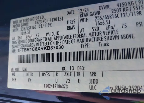 2024 Ford Transit z USA, uszkodzony, nr VIN 1FTBR1C8XRKB87030